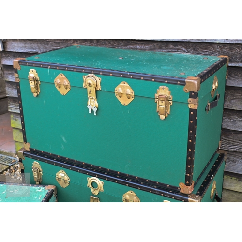 38 - Four assorted traditional luggage trunks, three green 100 cm x 51 cm x 50 cm h; 93 cm x 51 cm x 49 c... 
