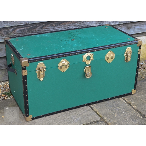 38 - Four assorted traditional luggage trunks, three green 100 cm x 51 cm x 50 cm h; 93 cm x 51 cm x 49 c... 