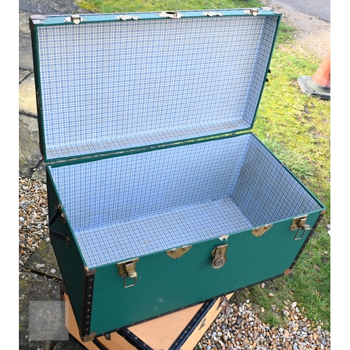 38 - Four assorted traditional luggage trunks, three green 100 cm x 51 cm x 50 cm h; 93 cm x 51 cm x 49 c... 