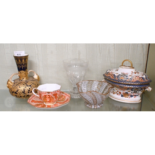 435 - A Regency cut and etched glass rummer on square 'lemon squeezer' base, 13 cm high, to/w a Venetian l... 