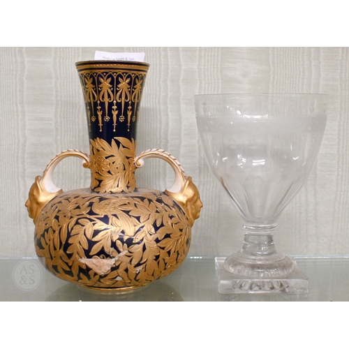 435 - A Regency cut and etched glass rummer on square 'lemon squeezer' base, 13 cm high, to/w a Venetian l... 