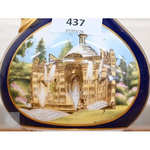 437 - A Royal Crown Derby china commemorative ewer, 'The Chatsworth Vase' painted with 'Cascade House' and... 