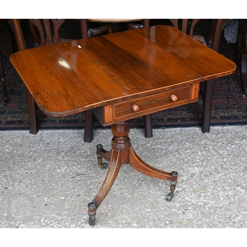 44 - A Victorian rosewood drop leaf tripod table, with single frieze drawer raised on a baluster turned s... 