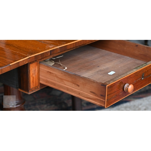 44 - A Victorian rosewood drop leaf tripod table, with single frieze drawer raised on a baluster turned s... 