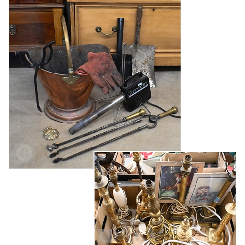 513 - A Grenadier 'electric bellows' fire-starter, to/w a copper coal scuttle, various fire irons, brass t... 