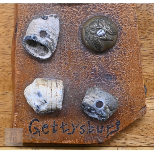 515 - American Civil War souvenir relic board mounted with .58 cal 3-ring minie ball bullets (dropped and ... 