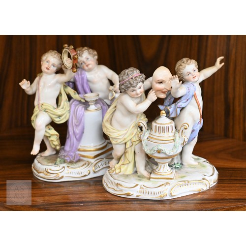 436 - A pair of late 19th/early 20th century Meissen groups of classically-draped gambolling putti, allego... 