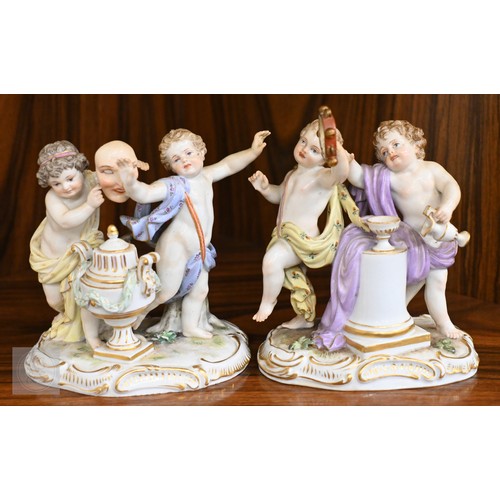 436 - A pair of late 19th/early 20th century Meissen groups of classically-draped gambolling putti, allego... 