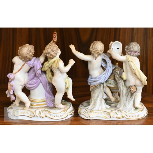 436 - A pair of late 19th/early 20th century Meissen groups of classically-draped gambolling putti, allego... 