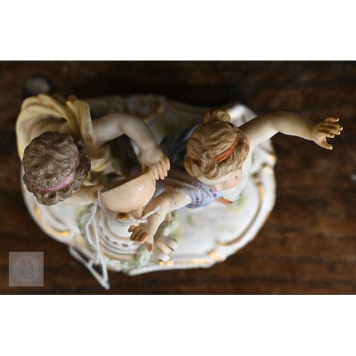 436 - A pair of late 19th/early 20th century Meissen groups of classically-draped gambolling putti, allego... 