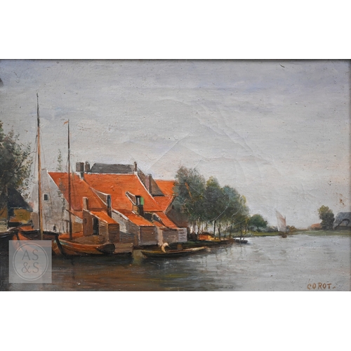 507 - Studio Canals - Corot - River scene, oil on canvas, with signature, 26 x 40 cm, stencilled Studio M ... 