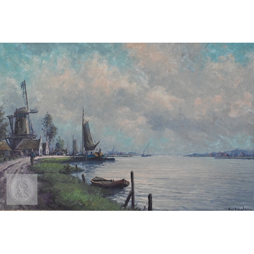 519 - Dutch school - Coastal view with windmill, oil on canvas, indistinctly signed lower right, 58 x 88 c... 