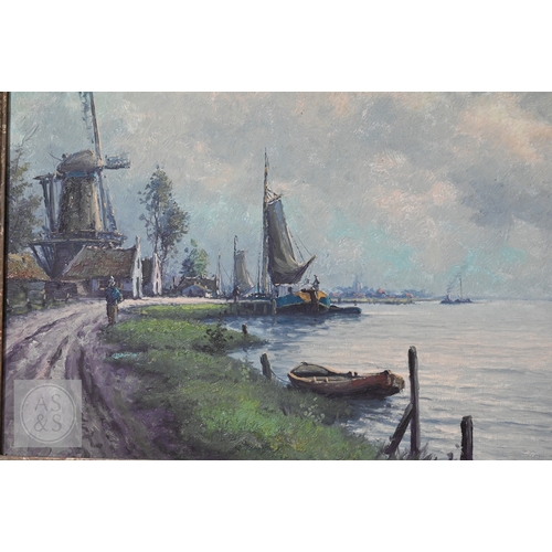 519 - Dutch school - Coastal view with windmill, oil on canvas, indistinctly signed lower right, 58 x 88 c... 
