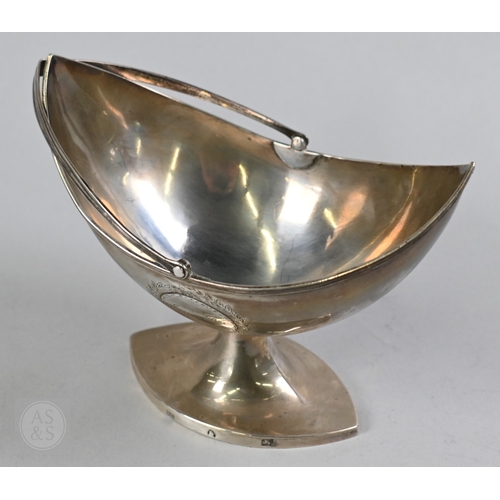 1 - A George III silver sugar basket of navette form, with swing handle and elliptical stemmed foot, mak... 