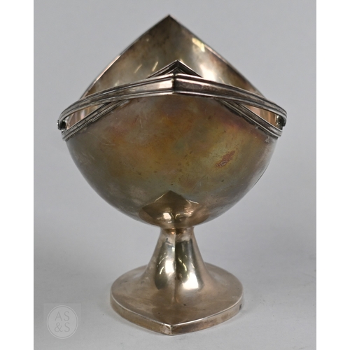 1 - A George III silver sugar basket of navette form, with swing handle and elliptical stemmed foot, mak... 