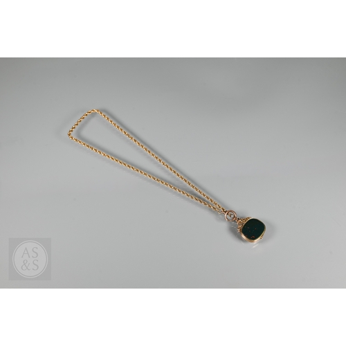 124 - A 9ct rope-twist guard chain, 38 cm long with bloodstone set 9ct locket attached, approx 11.9g weigh... 