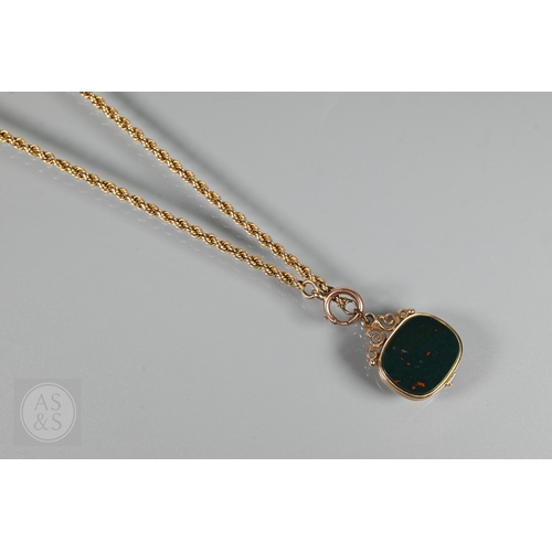 124 - A 9ct rope-twist guard chain, 38 cm long with bloodstone set 9ct locket attached, approx 11.9g weigh... 