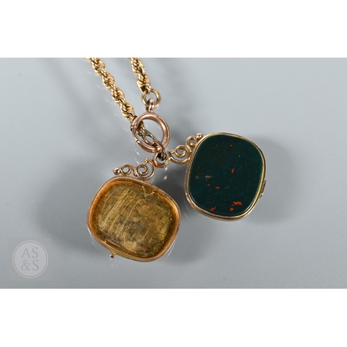 124 - A 9ct rope-twist guard chain, 38 cm long with bloodstone set 9ct locket attached, approx 11.9g weigh... 