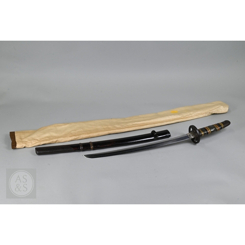 A late 16th century Japanese wakizashi short sword with 39 cm curved blade (nagasa) plain white metal habaki holding the Miochin School style tsuba pierced with court caps and sun ray design, the tsuka (hilt) of mixed metal banded rings including shakudo, sentoku, shibuichi and white metals c/w a later black lacquered koshirae/saya (scabbard) with white and gilt metal shibabiki rings and iron saya-kajiri and brown canvas 'Q.J.S' sleeve