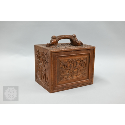 312 - An early-mid 20th century Chinese Mah Jong set, the wooden case decoratively carved with landscapes ... 