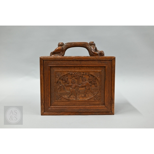312 - An early-mid 20th century Chinese Mah Jong set, the wooden case decoratively carved with landscapes ... 