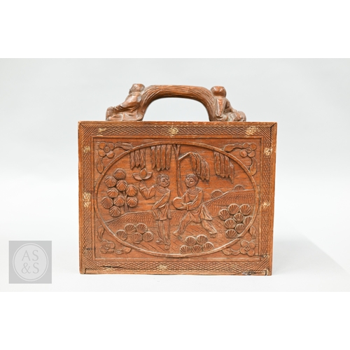 312 - An early-mid 20th century Chinese Mah Jong set, the wooden case decoratively carved with landscapes ... 