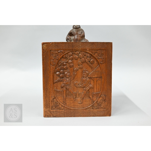 312 - An early-mid 20th century Chinese Mah Jong set, the wooden case decoratively carved with landscapes ... 