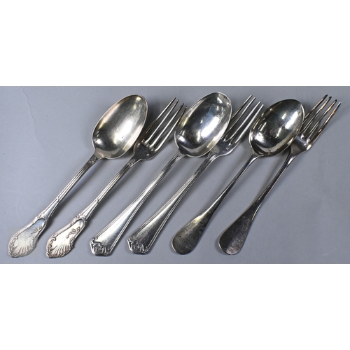 44 - Three pairs of French .950 grade silver table spoons and forks, a silver miniature ewer, London impo... 