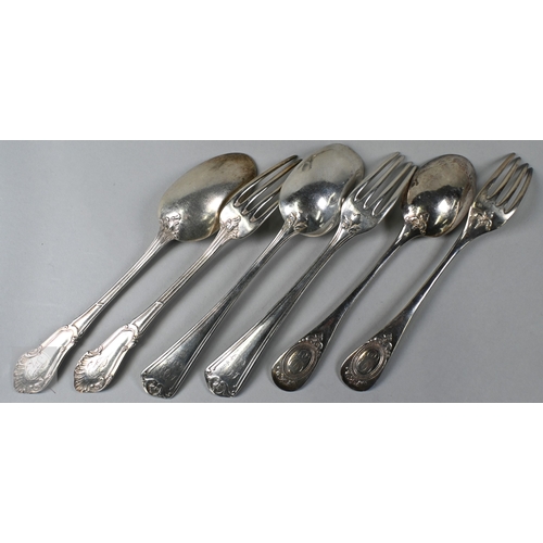 44 - Three pairs of French .950 grade silver table spoons and forks, a silver miniature ewer, London impo... 