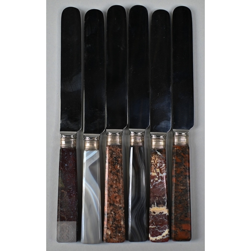 5 - A harlequin set of 6 each vintage stainless steel dessert knives and forks with sample stone handles... 
