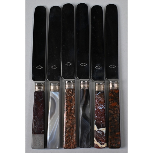 5 - A harlequin set of 6 each vintage stainless steel dessert knives and forks with sample stone handles... 