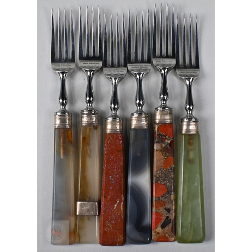 5 - A harlequin set of 6 each vintage stainless steel dessert knives and forks with sample stone handles... 