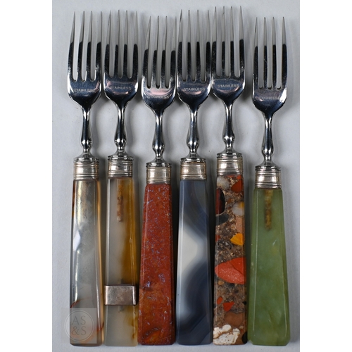 5 - A harlequin set of 6 each vintage stainless steel dessert knives and forks with sample stone handles... 
