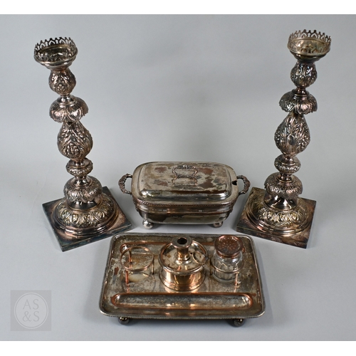 6 - A pair of Polish plated on copper baluster candlesticks, 31cm high, to/w an Old Sheffield Plate inks... 