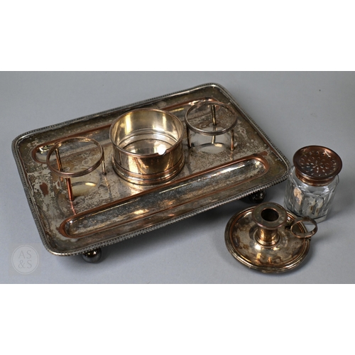 6 - A pair of Polish plated on copper baluster candlesticks, 31cm high, to/w an Old Sheffield Plate inks... 