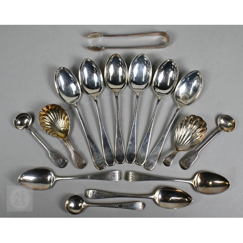 23A - A George III silver fiddle and thread caddy spoon with gilt shell bowl, William Eley I & William... 