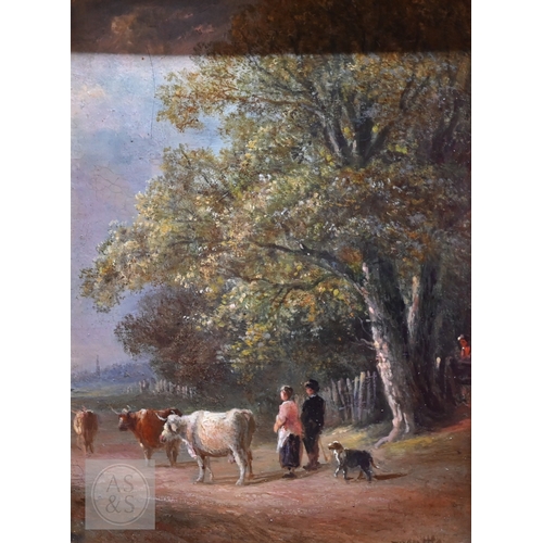 502 - Thomas I Whittle (act. 1854 - 1879) - Figures with cattle on wooded lane, oil on board, signed lower... 