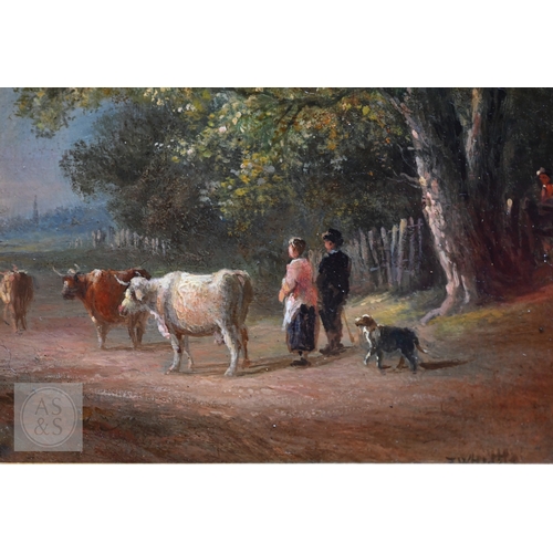 502 - Thomas I Whittle (act. 1854 - 1879) - Figures with cattle on wooded lane, oil on board, signed lower... 