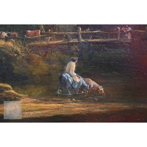 503 - 19th century English school - Figure on horseback drinking from a river in a landscape with another ... 