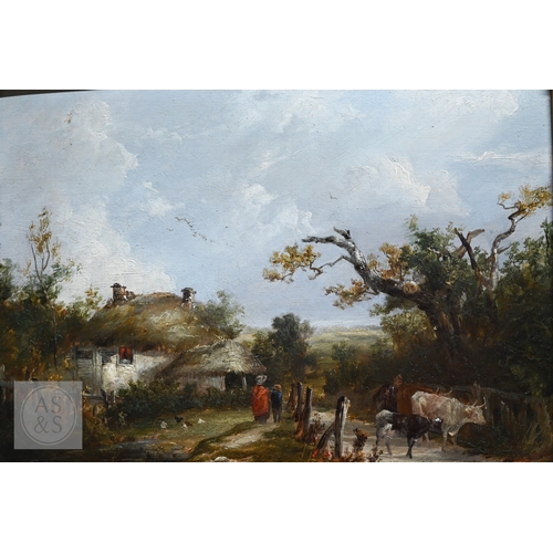 508 - John J Wilson Jnr (1818-1875) - Landscape with cattle and thatched cottage, oil on panel, signed on ... 