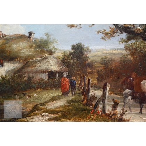508 - John J Wilson Jnr (1818-1875) - Landscape with cattle and thatched cottage, oil on panel, signed on ... 