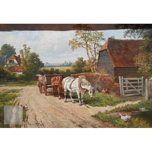 509 - Claude L Clark (1858-1905) - Horses pulling a cart on a farmyard track, oil on canvas, signed lower ... 
