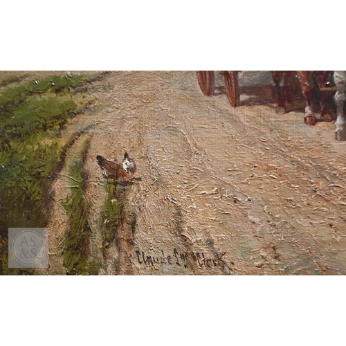 509 - Claude L Clark (1858-1905) - Horses pulling a cart on a farmyard track, oil on canvas, signed lower ... 