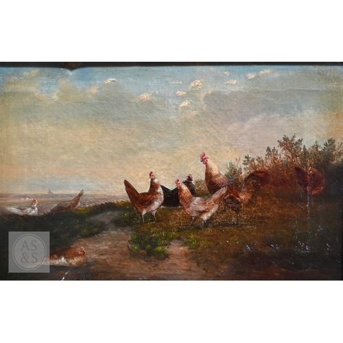 510 - L Geraindt? - Hens on a scrubland, oil on canvas, signed indistinctly and dated 18..9, 19 x 29 cm