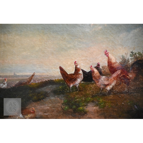 510 - L Geraindt? - Hens on a scrubland, oil on canvas, signed indistinctly and dated 18..9, 19 x 29 cm