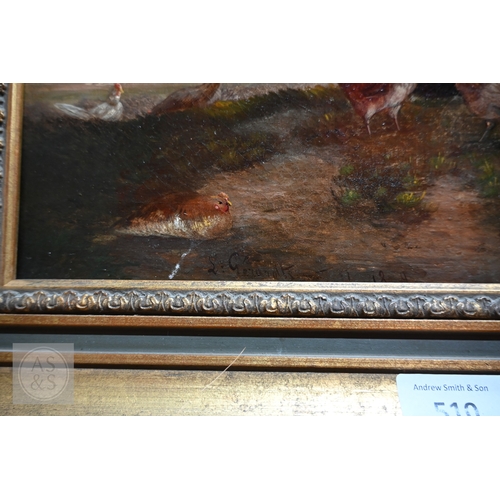 510 - L Geraindt? - Hens on a scrubland, oil on canvas, signed indistinctly and dated 18..9, 19 x 29 cm