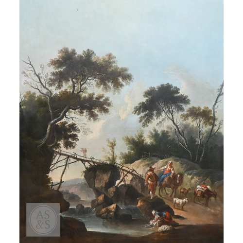 511 - Manner of Nicolaes Berchem - An extensive 19th century Italianate landscape with travellers beside a... 