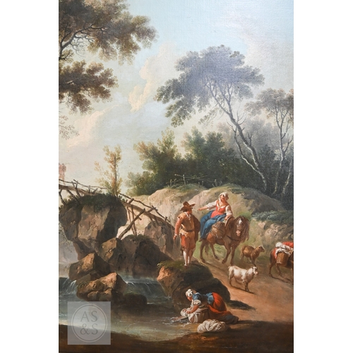 511 - Manner of Nicolaes Berchem - An extensive 19th century Italianate landscape with travellers beside a... 