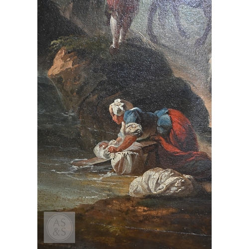 511 - Manner of Nicolaes Berchem - An extensive 19th century Italianate landscape with travellers beside a... 