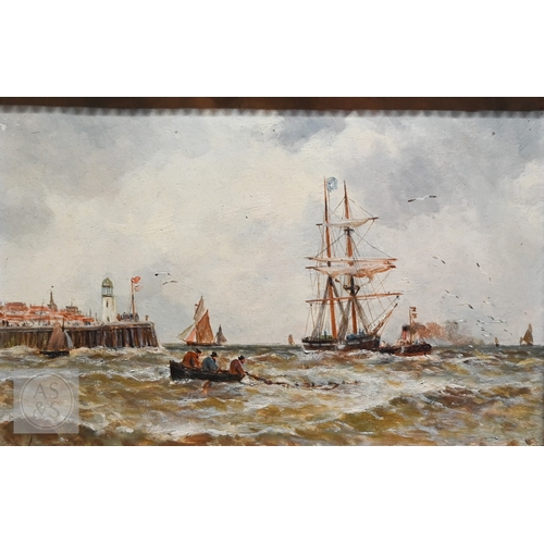 513 - W Martins? - Harbour view with lighthouse, oil on board, indistinctly signed lower left, 19 x 29 cm